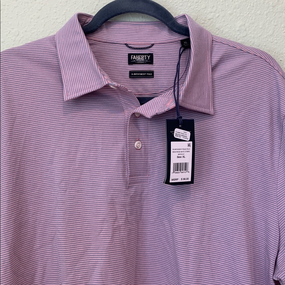 Faherty Movement Short-Sleeve Polo in Rose Water Stripe NWT